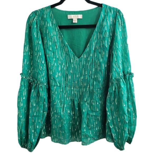 Lilly Pulitzer Cleme Blouse Fiddle Leaf Green Metallic Clip Dot Viscose Top 10 - Picture 1 of 10